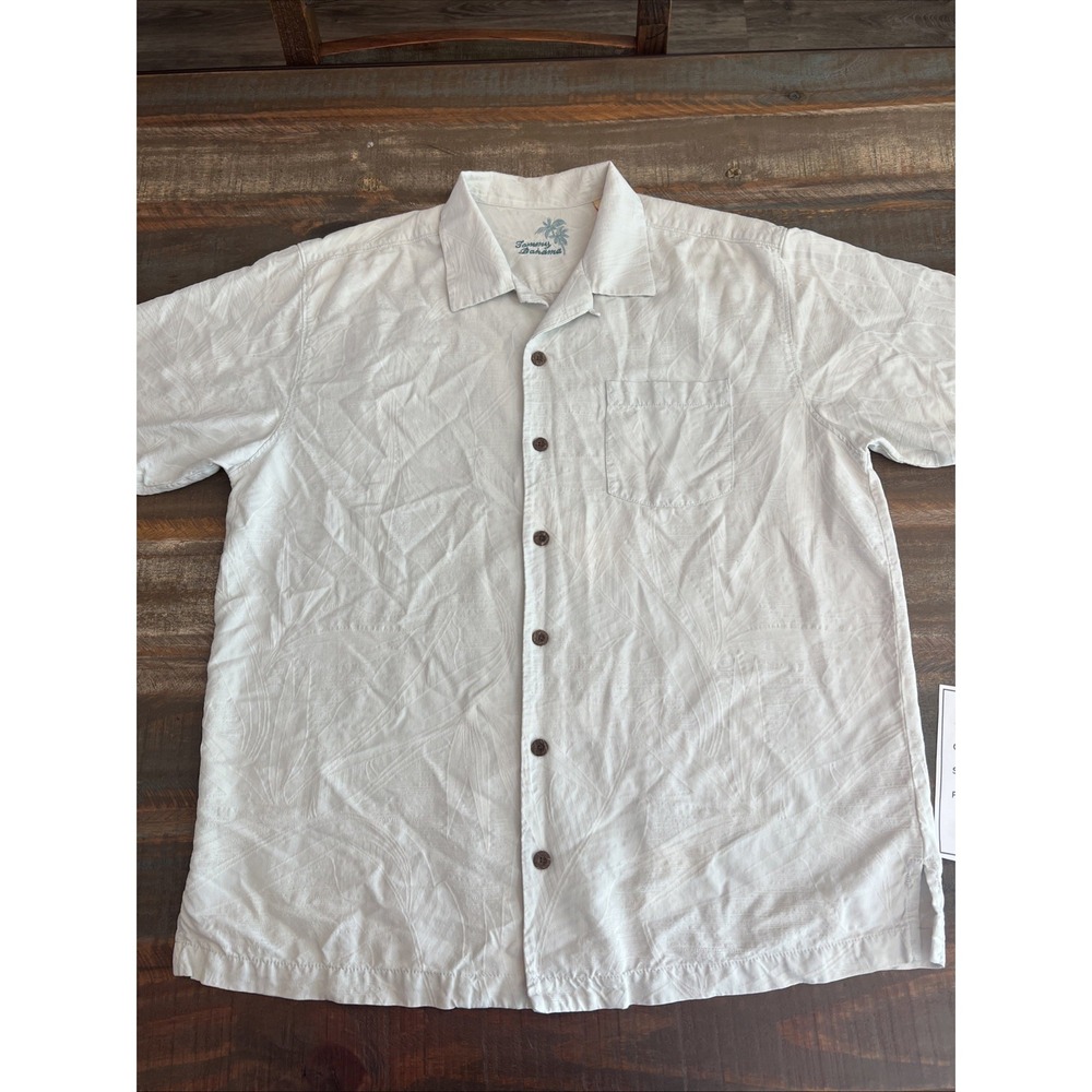 Tommy Bahama Shirt Large Herringbone Button Hawaiian 100% Silk Mint Green Men's